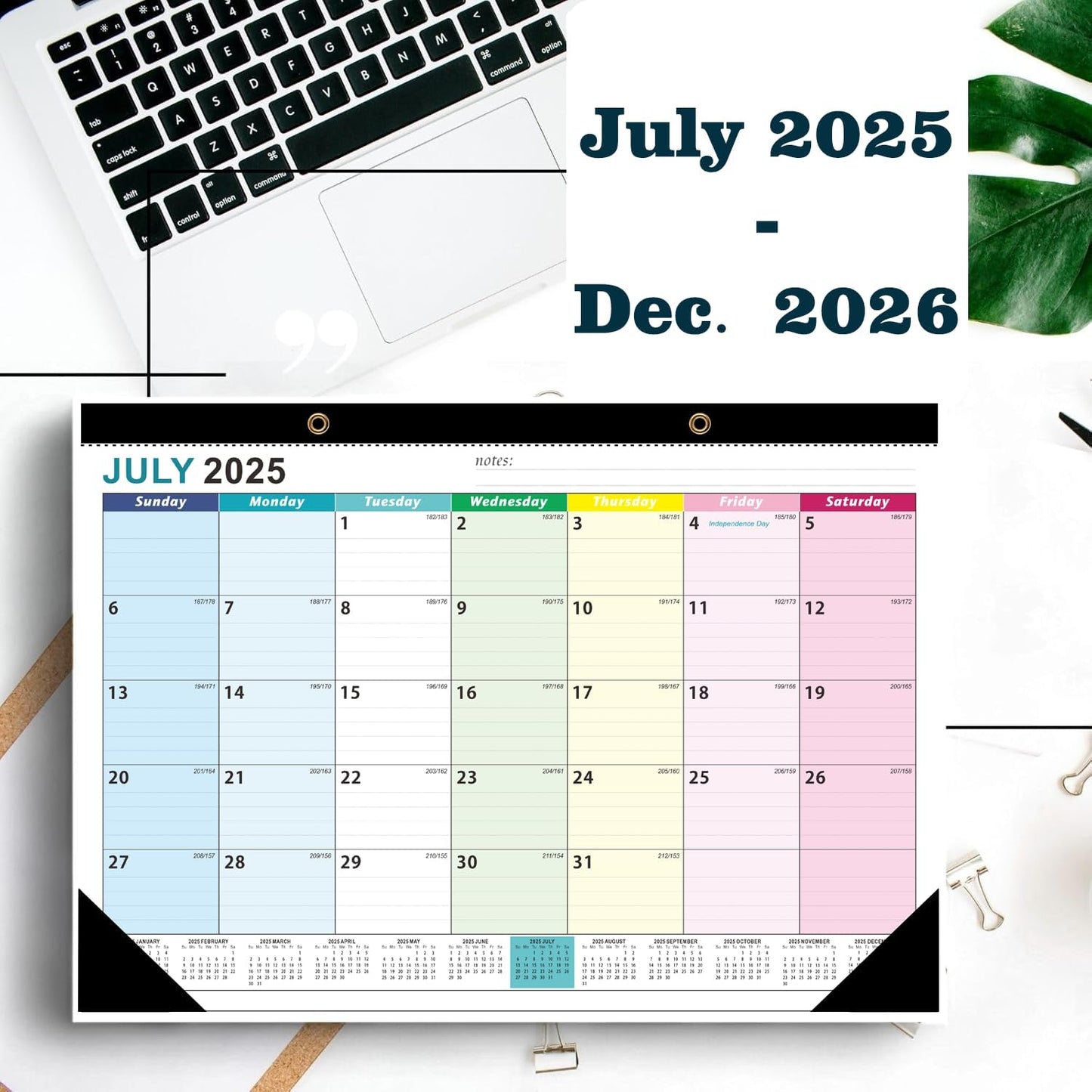 Desk Calendar 2025-2026,Monthly Planner from July 2025 to December 2026,Large 17" x 12",Clear Plastic Cover Desktop/Wall Calendar for Students Teachers & Schools(colorful)