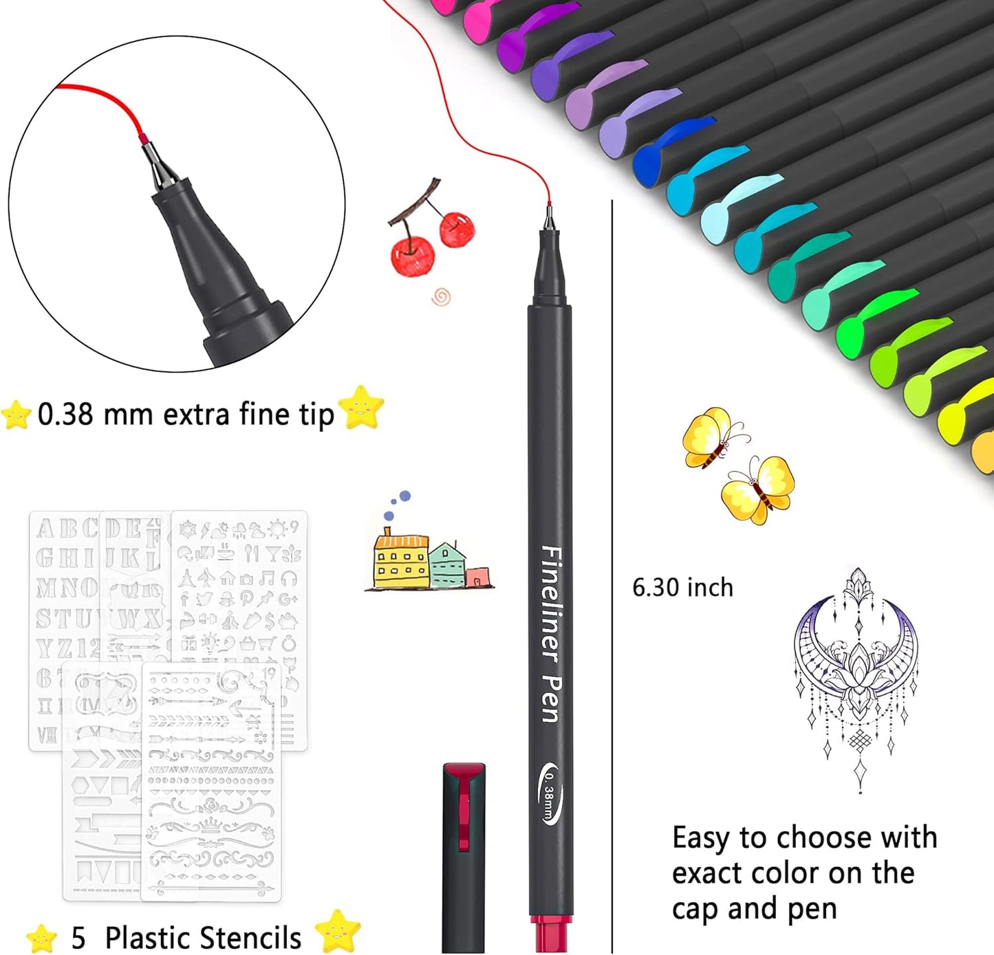 45 Pack Planner Colored Pens, 40 Colors Pens with 5 Stencils, Fineliners for Journal Planner Note Calendar Writing Coloring, Drawing, School Office Art Supplies