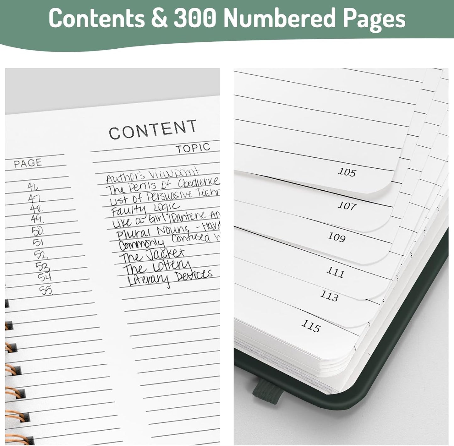 Forvencer Lined Spiral Journal Notebook with 300 Numbered Pages, B5 College Ruled Thick Journals for Writing with 100GSM Paper, Hardcover Notebooks with Contents for Work, School, Women, Men, Dark