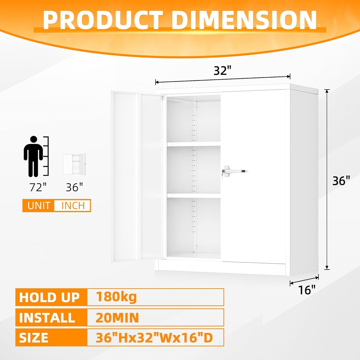 INTERGREAT Metal Cabinet with Lock, Lockable Metal Storage Cabinets with Doors and Shelves for Garage, White Locking Garage Storage Cabinets 36"×32"×16"