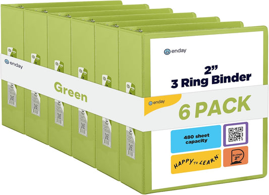 3 Slant D-Ring Binder 2 Inch Binder Green, 2 in Clear View Cover w/ 2 Inside Pockets, Heavy Duty Colored School Supplies Binders Also Available in Blue, Pink, Red, Grey, Purple (6 PC)–by Enday