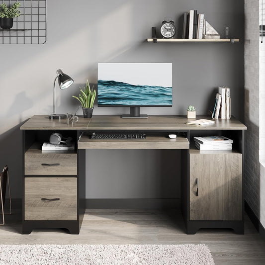 Bestier 59” Executive Desk with 2 Drawers, Computer Desk with Storage Cabinet, Industrial Wood Desk with File Drawer, Keyboard Tray & 2 Pedestals for Home Office & Studio, Gray
