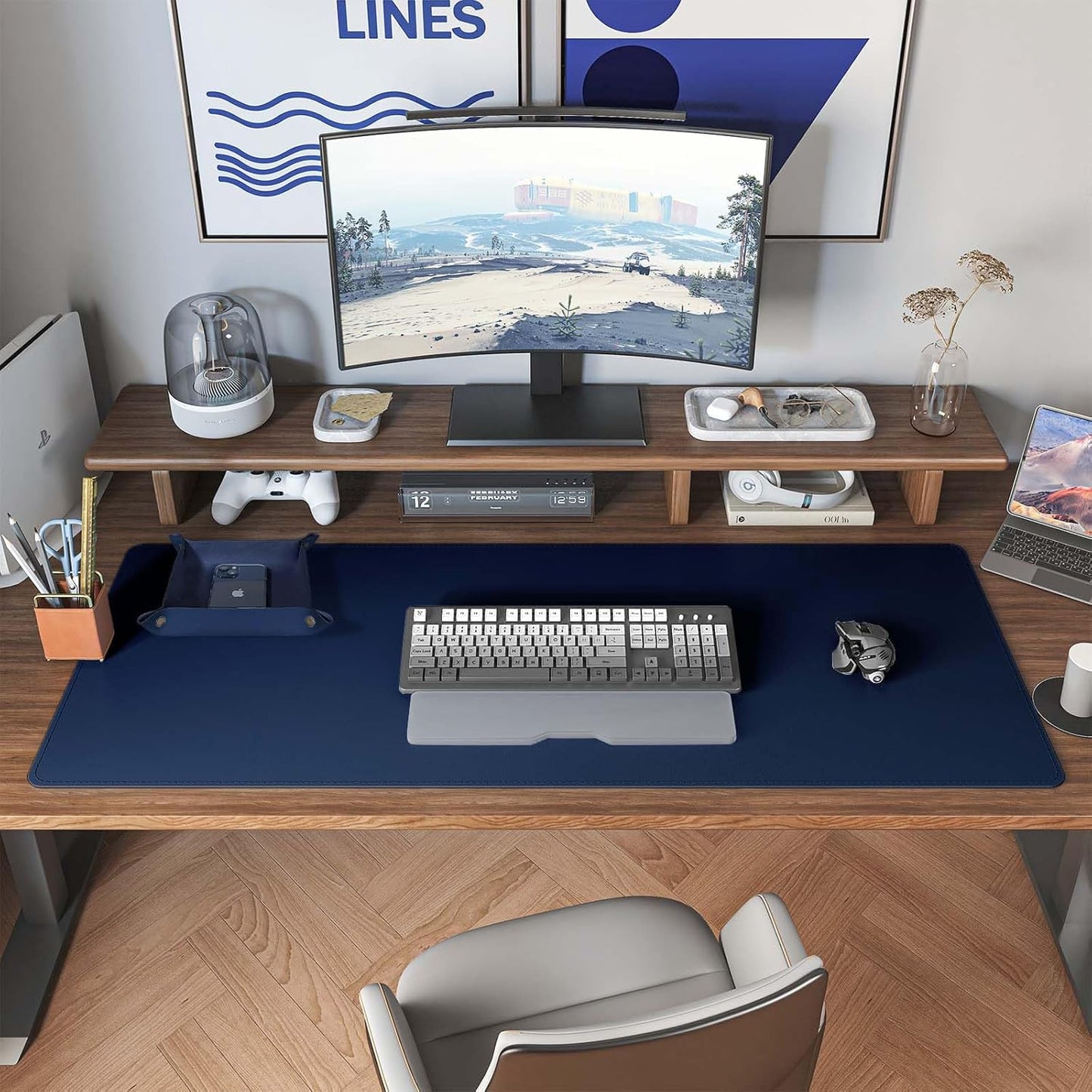 DAWNTREES Dual Sided Desk Mat,Leather Desk Pad,40"x16",Cork Desk Mat Protector,with PU Leather Valet Tray Organizer,Large Mouse Pad,Desk Writing Pad for Office and Home(Dark Blue)