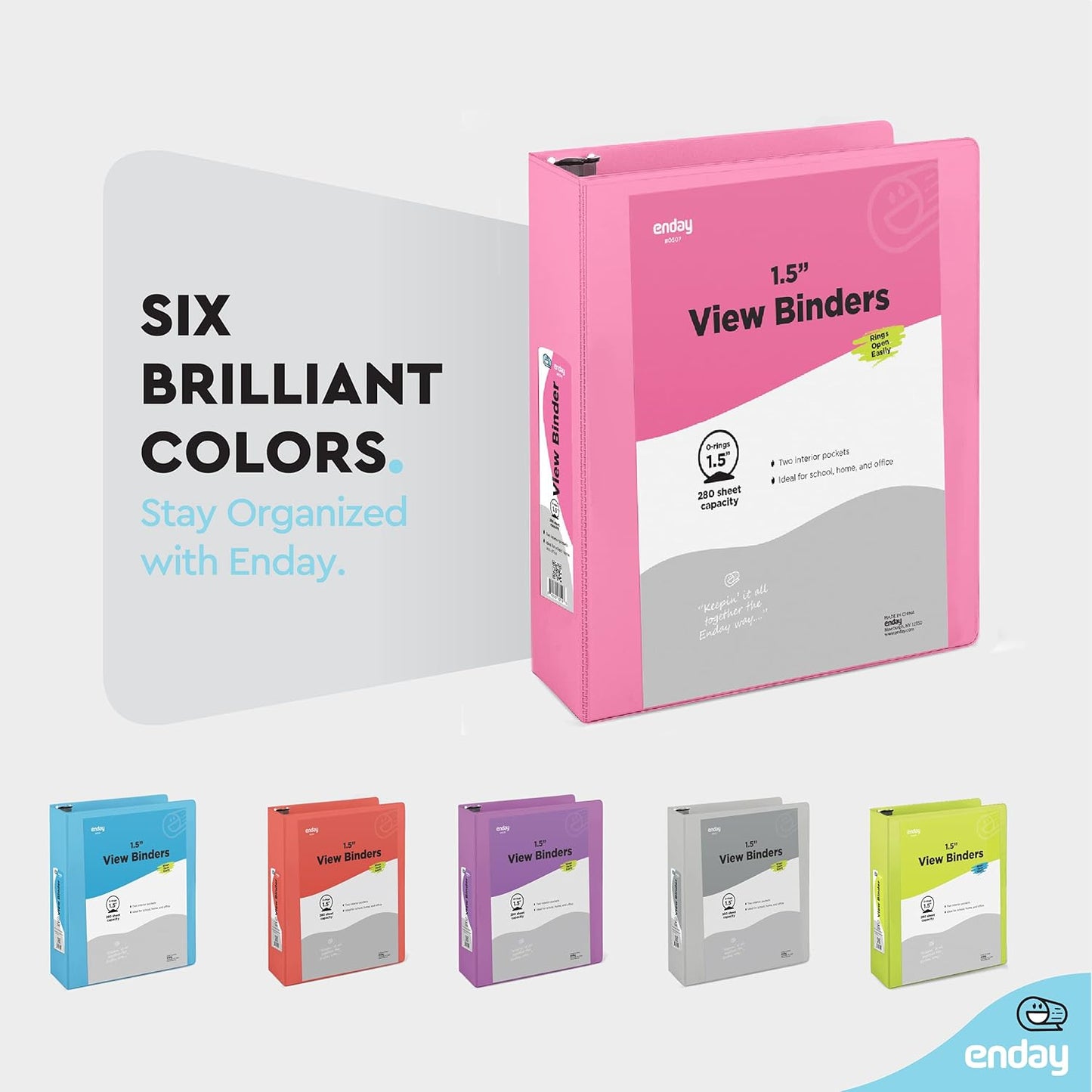 3 Ring Binder Pink, 1.5 Inch Clear View Cover with 2 Inside Pockets Binder, Colored School Supplies 1 ½ Inch Round Ring Binders, Also Available in Red, Blue, Purple, Green, and Grey (6 PC) – by Enday