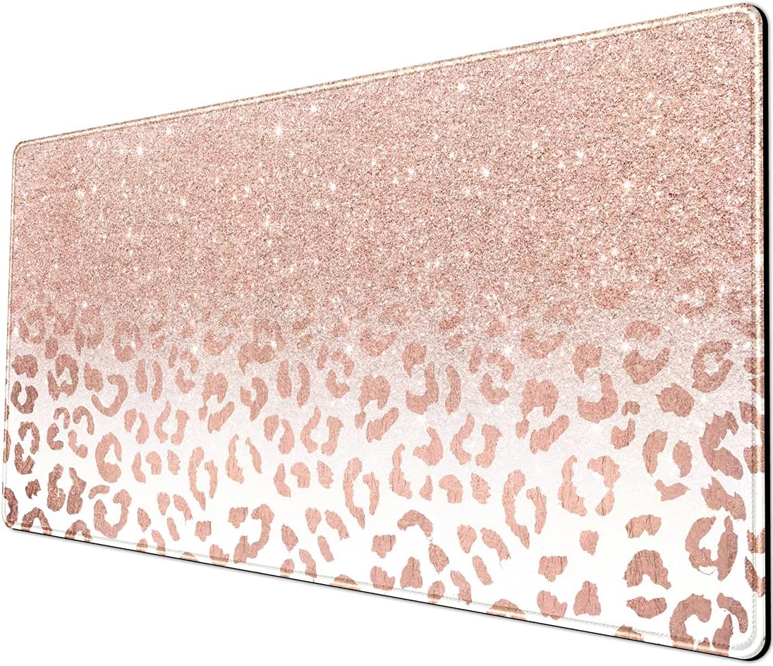 Desk Mat XXL Mouse pad, Pink Rose Gold Leopard Print Office Supplies and Accessories Decor for Women 31.5X15.75in,Stitched Edges Smooth Non-Slip Bottom, Large pad