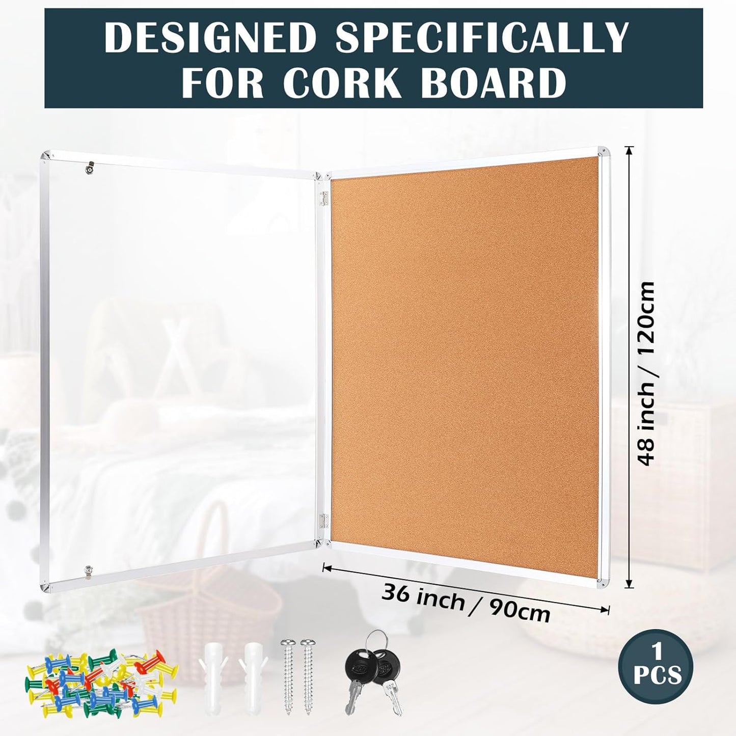 Cholemy Enclosed Bulletin Lockable Cork Case Notice Board 48 x 36 Inch Weatherproof Bulletin Board with Aluminum Frame Mounting Screws Outdoor for School Office Wall Display Pictures(Silver)