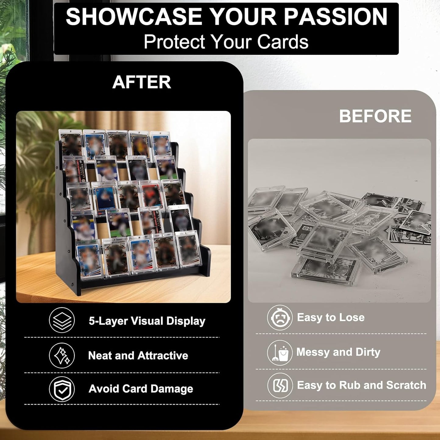 5-Tier Bamboo Trading Card Display Case, 35 pt Baseball Card Collection Stand, Sports Card Storage Holder,Card Game Collection (Black)