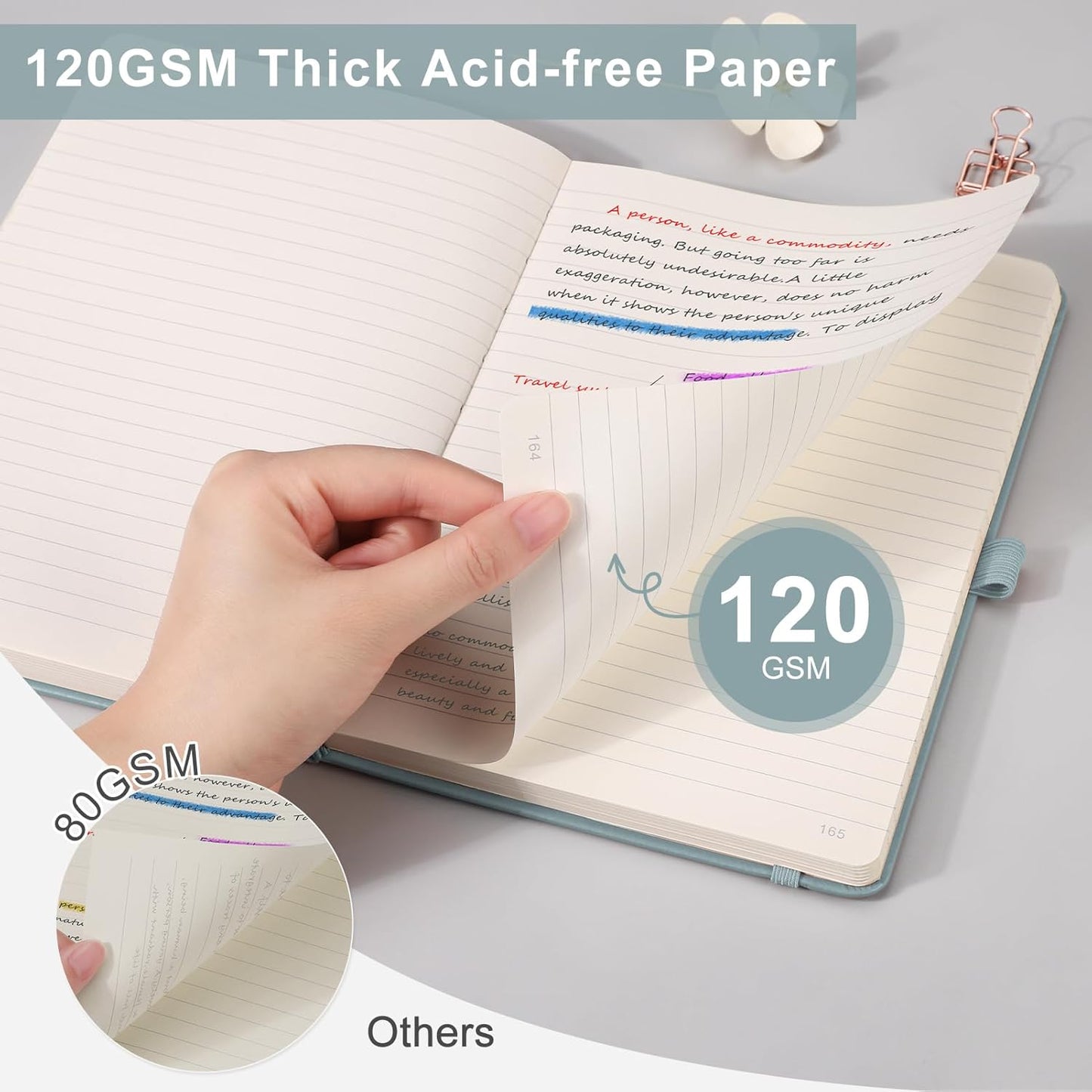 EMSHOI College Ruled Notebook 120gsm Thick Lined Journal - 256 Numbered Pages, A5 Hardcover Leather Writing Notebook for Work, School, Travel - with Sticky Notes, 5.75"x8.38", Yellow