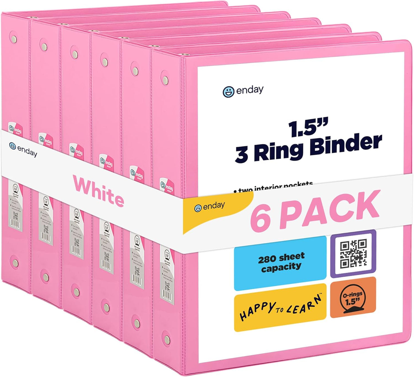 3 Ring Binder Pink, 1.5 Inch Clear View Cover with 2 Inside Pockets Binder, Colored School Supplies 1 ½ Inch Round Ring Binders, Also Available in Red, Blue, Purple, Green, and Grey (6 PC) – by Enday