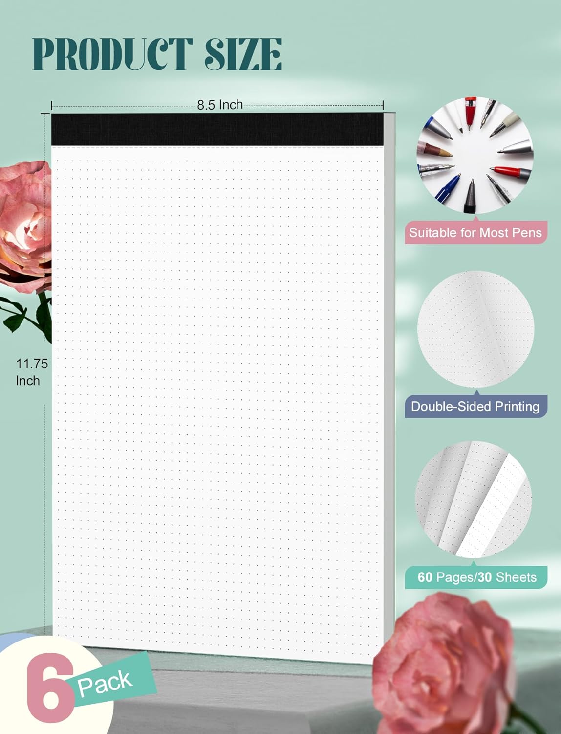 Dotted Paper 8.5 x 11, 6 Pack Dot Grid Paper Pad, 30 Sheets Per Pad Dotted Journal Notepad 8.5 x 11, Easy Tear-Off 5x5 Dots Journal Paper Pads for Office, School