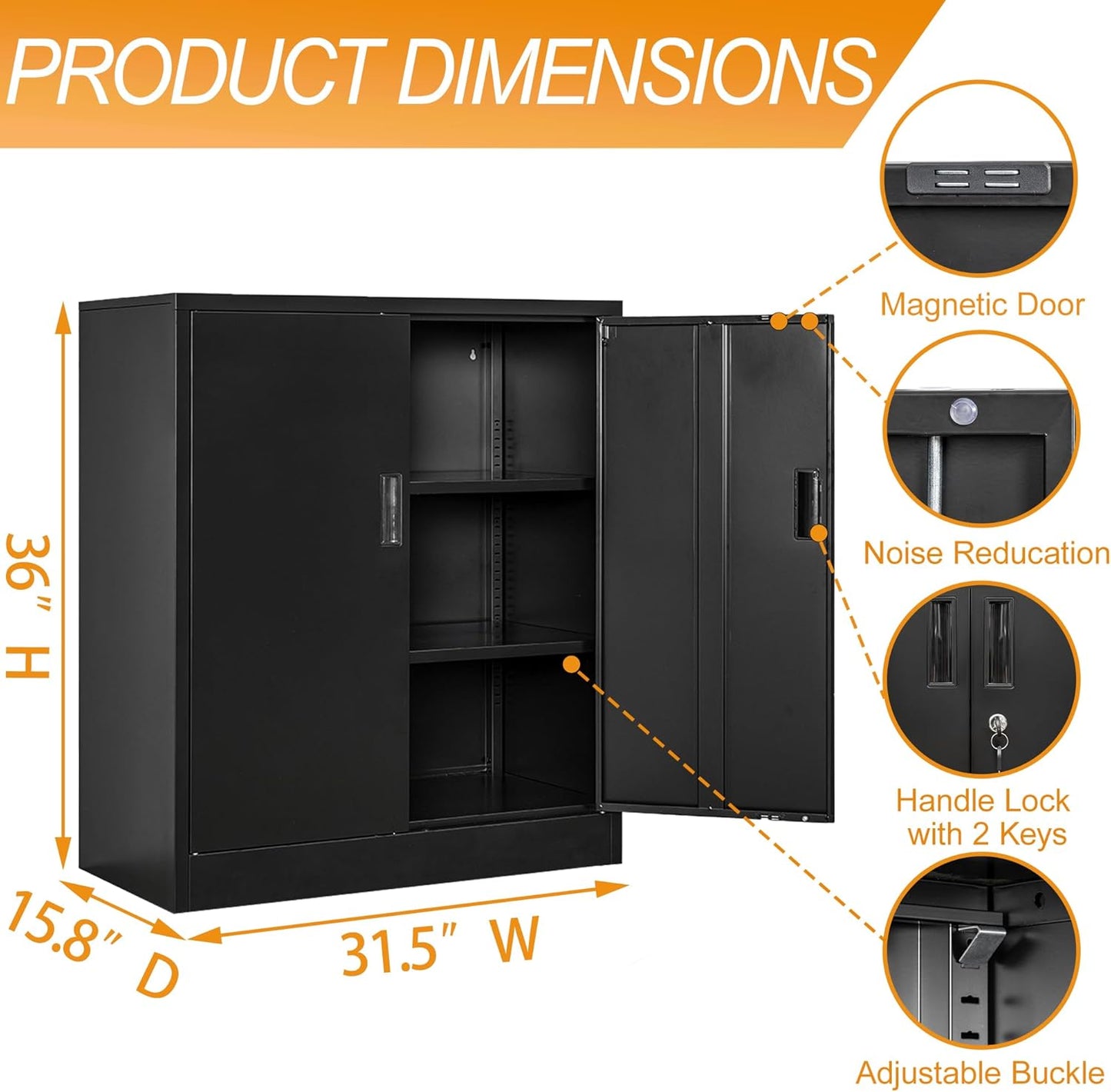 BESFUR Metal Garage Storage Cabinet 36"H, Steel Locking Cabinet with 2 Lockable Doors and 2 Adjustable Shelves easy to assemble for Home Office, Garage,School, Apartment, Warehouse, Utility Room,Black