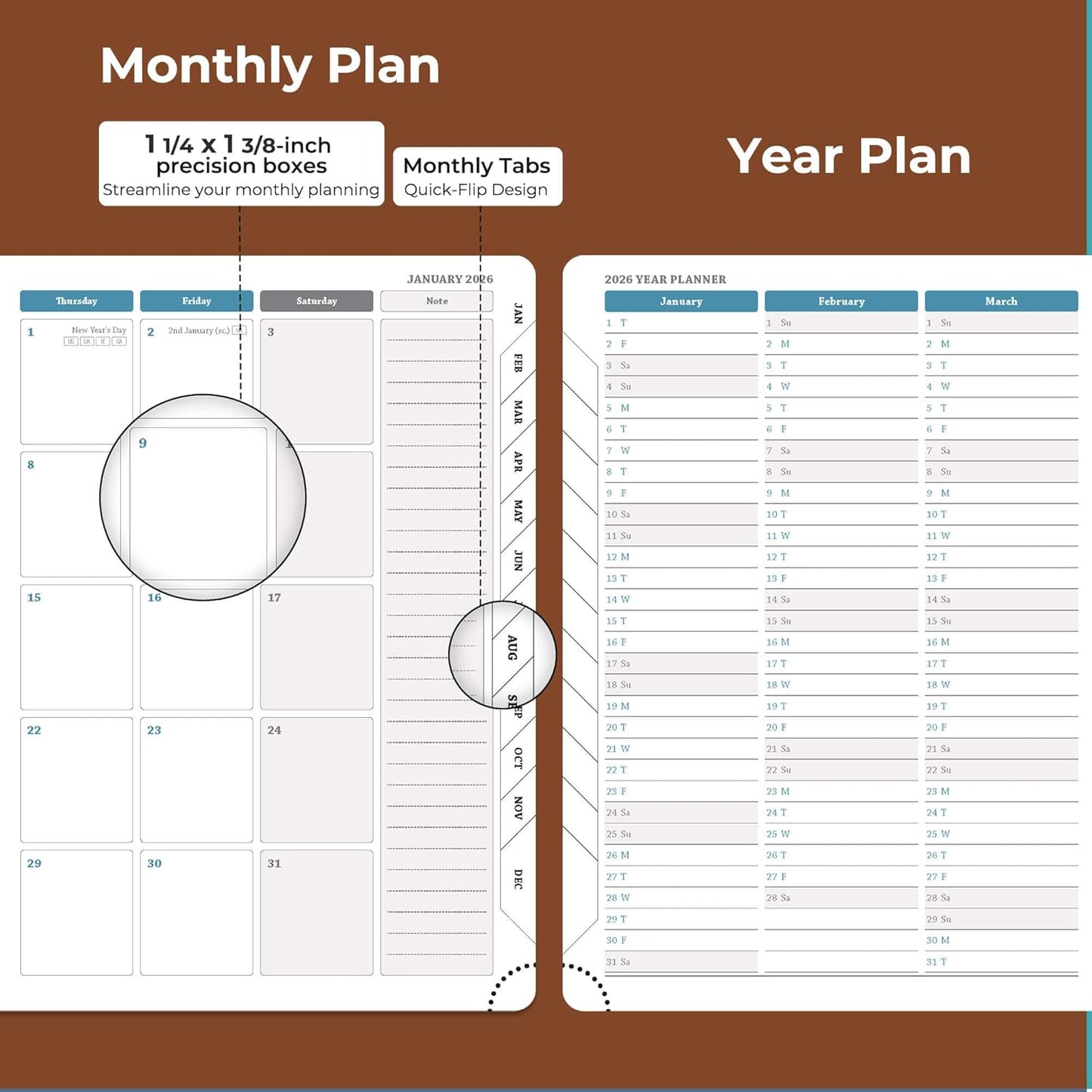 Weekly Monthly 2026 Planner (Jan.26-Dec.26),8.5"x6.5",12 Months Agenda Plan with Month Tabs & Pocket,Expenses/Note Pages, Appointment Book Calendar with Hardcover Vegan Leather Cover,Brown