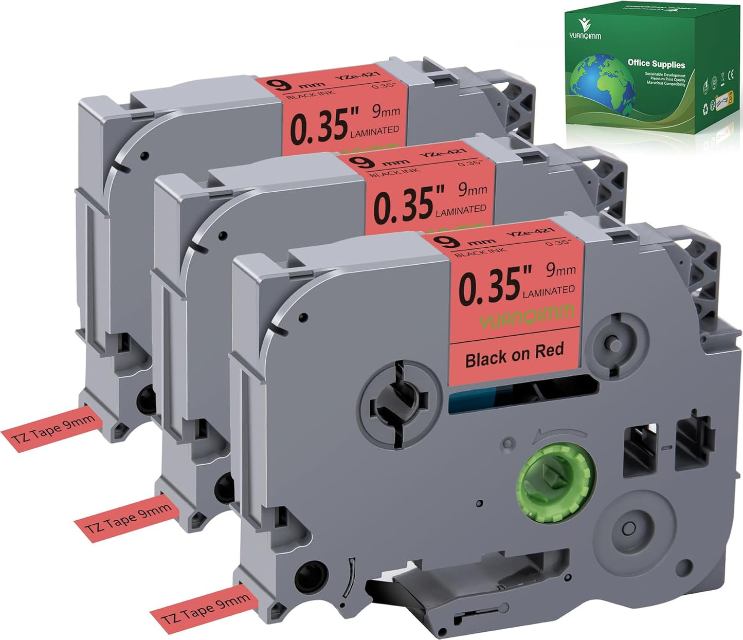 TZe-421 TZe 9mm Red TZ Tape Compatible with Brother PTouch TZ-421 TZe421 TZ421 Label Tape 9mm 0.35 Laminated Black on Red Label Maker Tape for PT D210 D200 H110 1880, 3-Pack