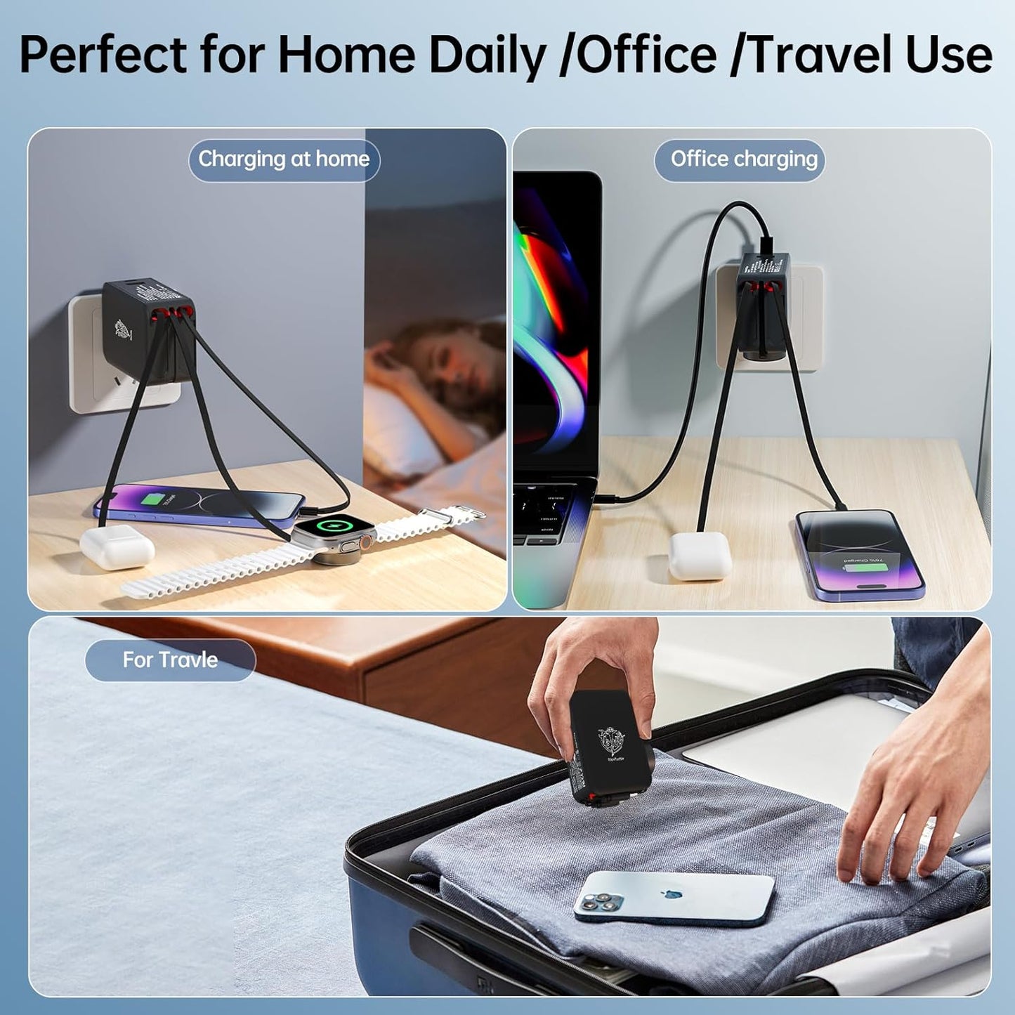 Apple Watch Charger Travel Essentials, 5 in 1 Travel Charging Station for Apple Devices, Retractable Wall Charger with 3*3.2ft Retractable Cables, Fast Charger Block for Apple Gear (Black)