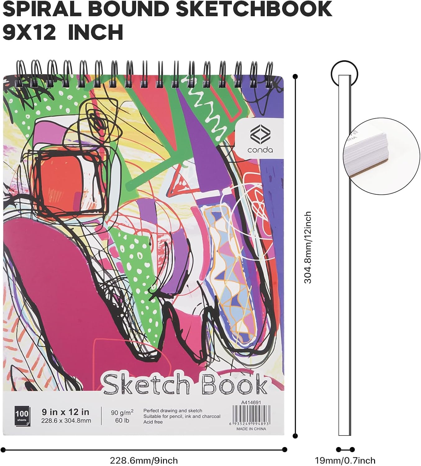CONDA 9 x 12 Inch Sketchbook, Top Spiral Bound Sketch Pad, 100 Sheets (60 lb/90 GSM), Durable Acid-Free Sketch Paper, Drawing and Sketching Paper for Kids Adult Beginners