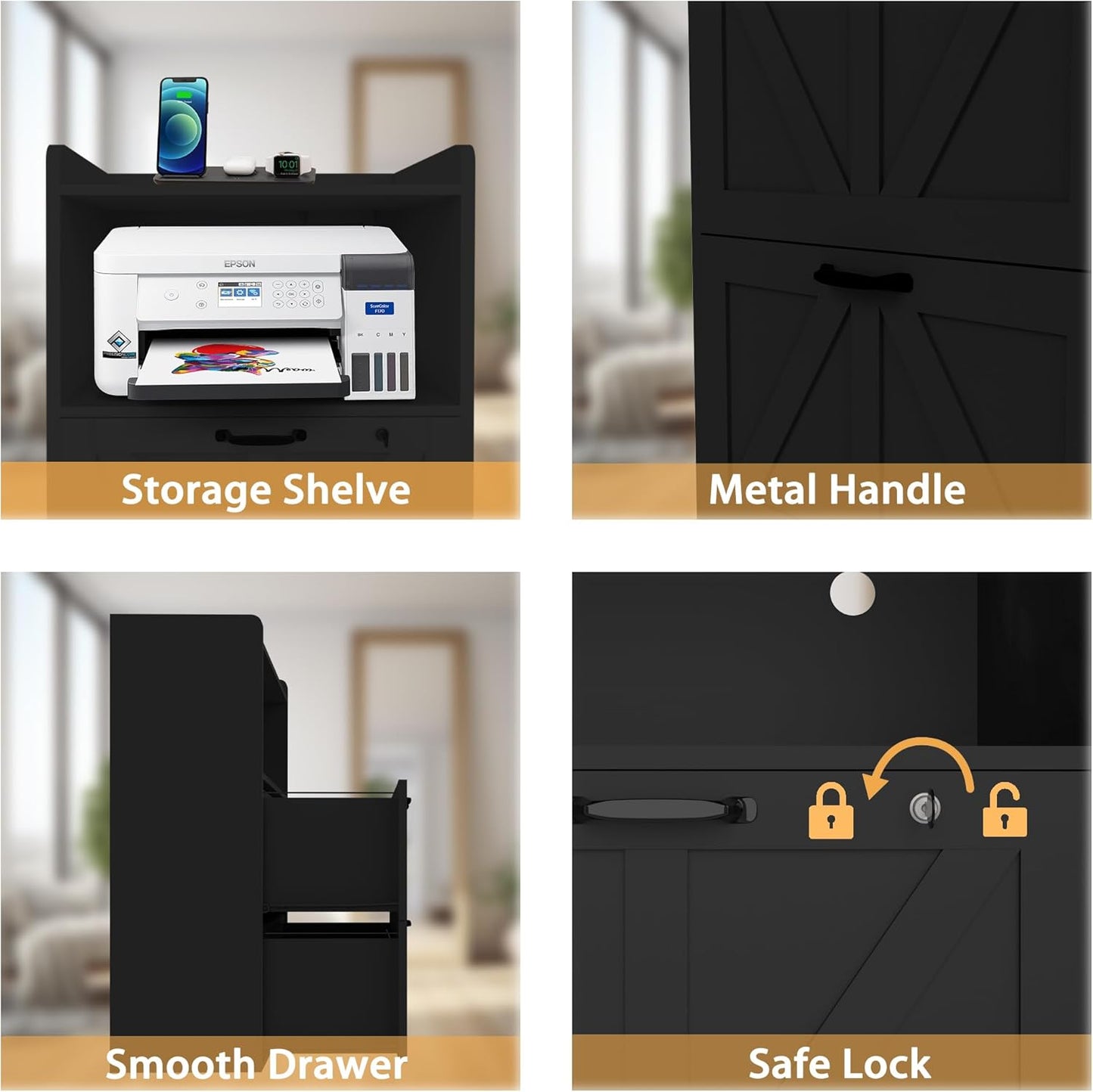 2 Drawer File Cabinet On Wheels & Charging Station, Wood Filing Cabinet with Lock & LED Light, Large Storage Printer Stand for Home Office, Black