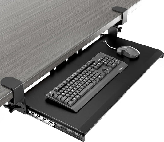AX WABER Keyboard Tray Under Desk Pull Out with Extra Sturdy Adjustable C Clamp Mount System, 27.3 (32.5 inch Including Clamps) x 11 Inch Slide-Out Platform Computer Drawer for Typing, Black,AX01WB01