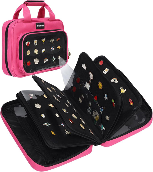 Enamel pin display bag, 8-page pin trading book, collectible pin board, suitable for storing pins, brooches, patches (pink)