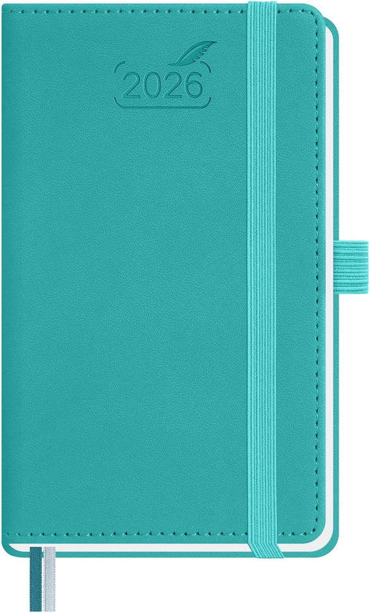 BEZEND Pocket Calendar 2026 Weekly and Monthly (3.5" x 6") Small Daily Planner for Purse (Jan-Dec) with Notes & Expenses, Inner Pocket, Pen Holder, Vegan Leather Hardcover - Turquoise