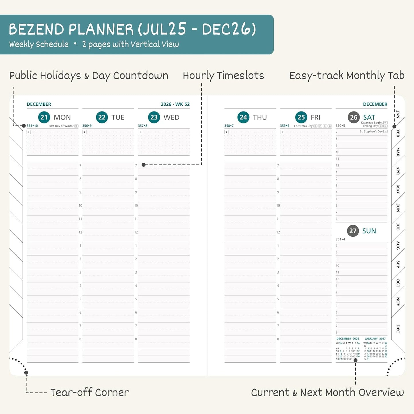 BEZEND Planner 2025-2026 Weekly and Monthly, 5.8" x 8.5" Academic Calendar (Jul 25-Dec 26) Vertical Daily Appointment with Hourly Timeslot & Monthly Tab, PU Leather Hardcover - Mint Green