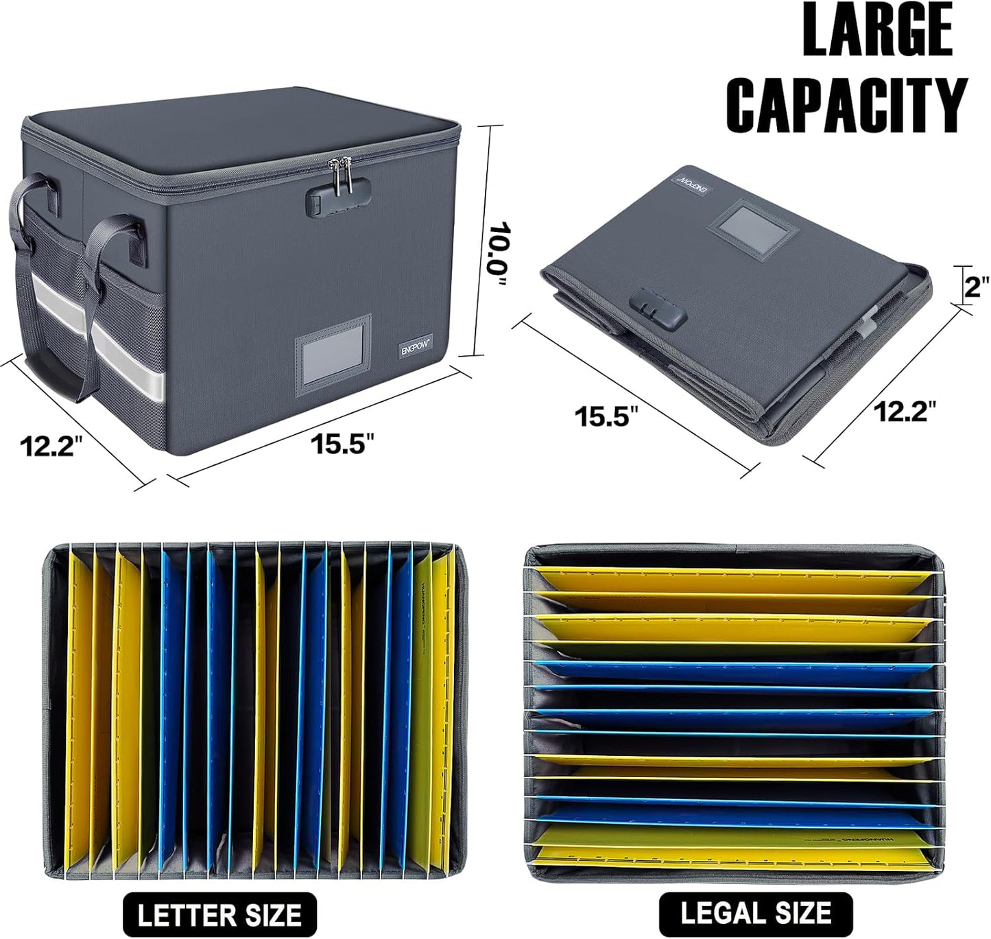 ENGPOW File Box with Lock, Fireproof Document Box with Pockets, Collapsible File Organizer Filing Storage Cabinet with Handle, Portable Home Office Safe for Hanging Letter/Legal Folders,Gray,2 Pack