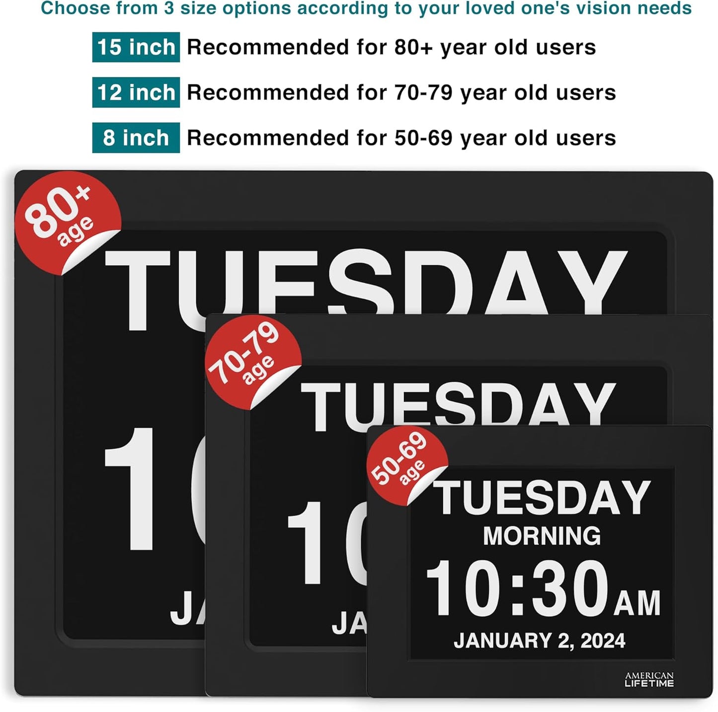 American Lifetime 【New 2025 Dementia Clock Large Digital Clock for Seniors, Alzeimer Clock Large Display with Custom Alarms, Clock with Day & Date for Elderly, Digital Calendar Black, 15 Inch