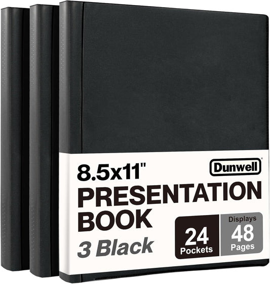 Dunwell Presentation Binder 24-Pocket, Displays 48 Pages, 8.5x11 Portfolio Binder with Plastic Sleeves, Storage and Organizer for Documents, Certificates, Projects, Photos (3 Pack, Black)
