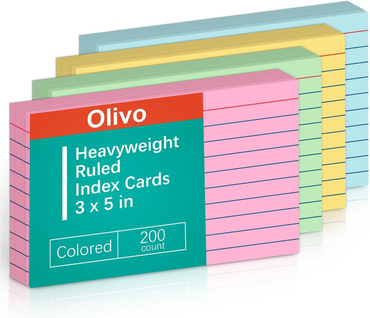 Colored Lined Index Cards 3x5 Ruled Note Cards 200 Count, Pastel Pink Green Yellow Blue, Assorted Colors