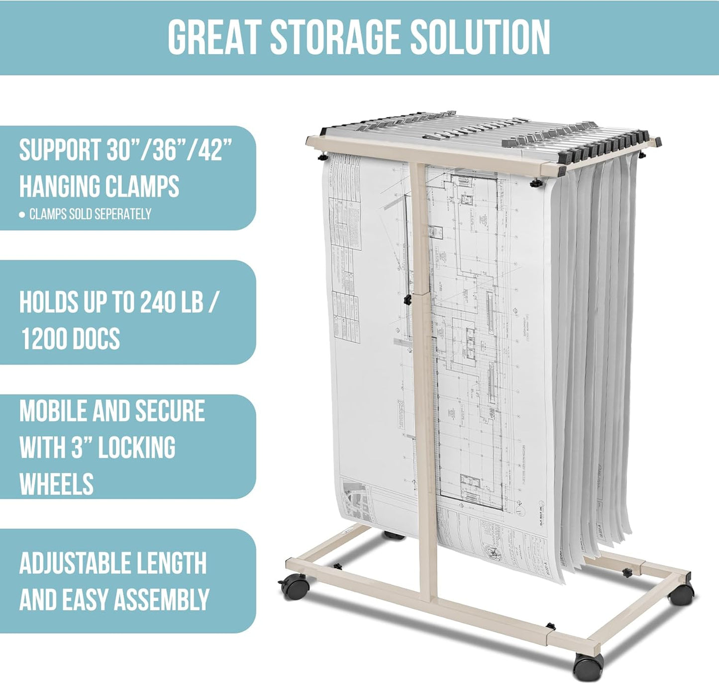 Adir Mobile Blueprint Storage Rack - Adjustable and Portable Vertical Blueprint Holder for Plans, Maps, Posters and Drawings. File Organizer Stand for Home, Office and Construction Sites