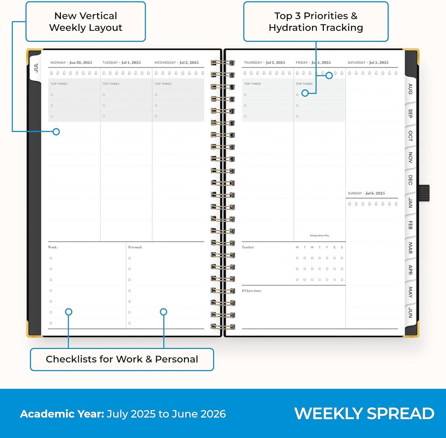 Blue Sky 2025-2026 Academic Year Weekly and Monthly Planner Calendar, July 2025 - June 2026, 12-Month, 5" x 8", Faux Leather Cover, Wirebound, Storage Pocket, Laminated Tabs, Black