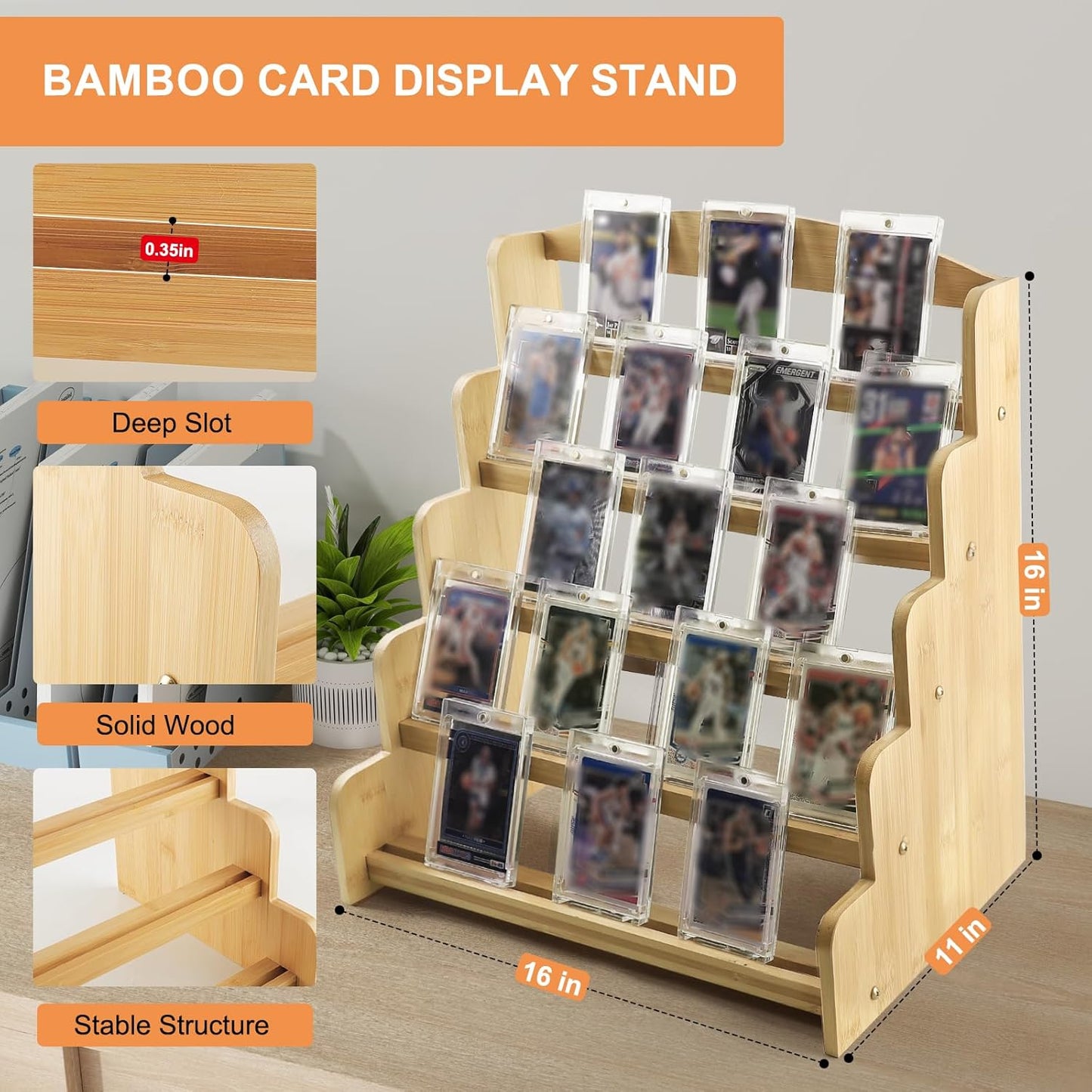 5-Tier Bamboo Trading Card Display Case,35 pt Baseball Card Collection Stand, Sports Card Storage Holder,Card Game Collection (Burlywood)
