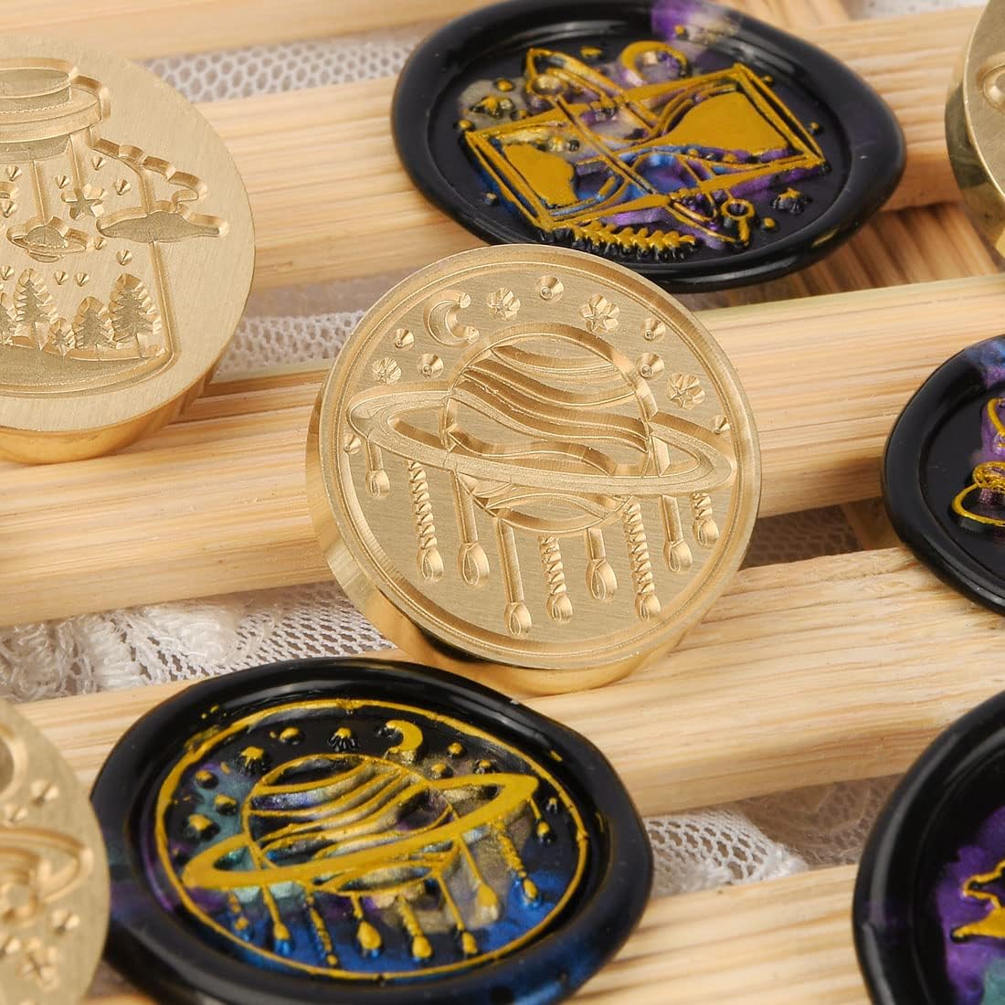 Wax Seal Stamp Kits, 6 pcs Wax Stamp Brass Head & 1 Wooden Handle, 6 Designs (Magic Hourglass/Planet/Space/Magic Forest/Mason Jar)