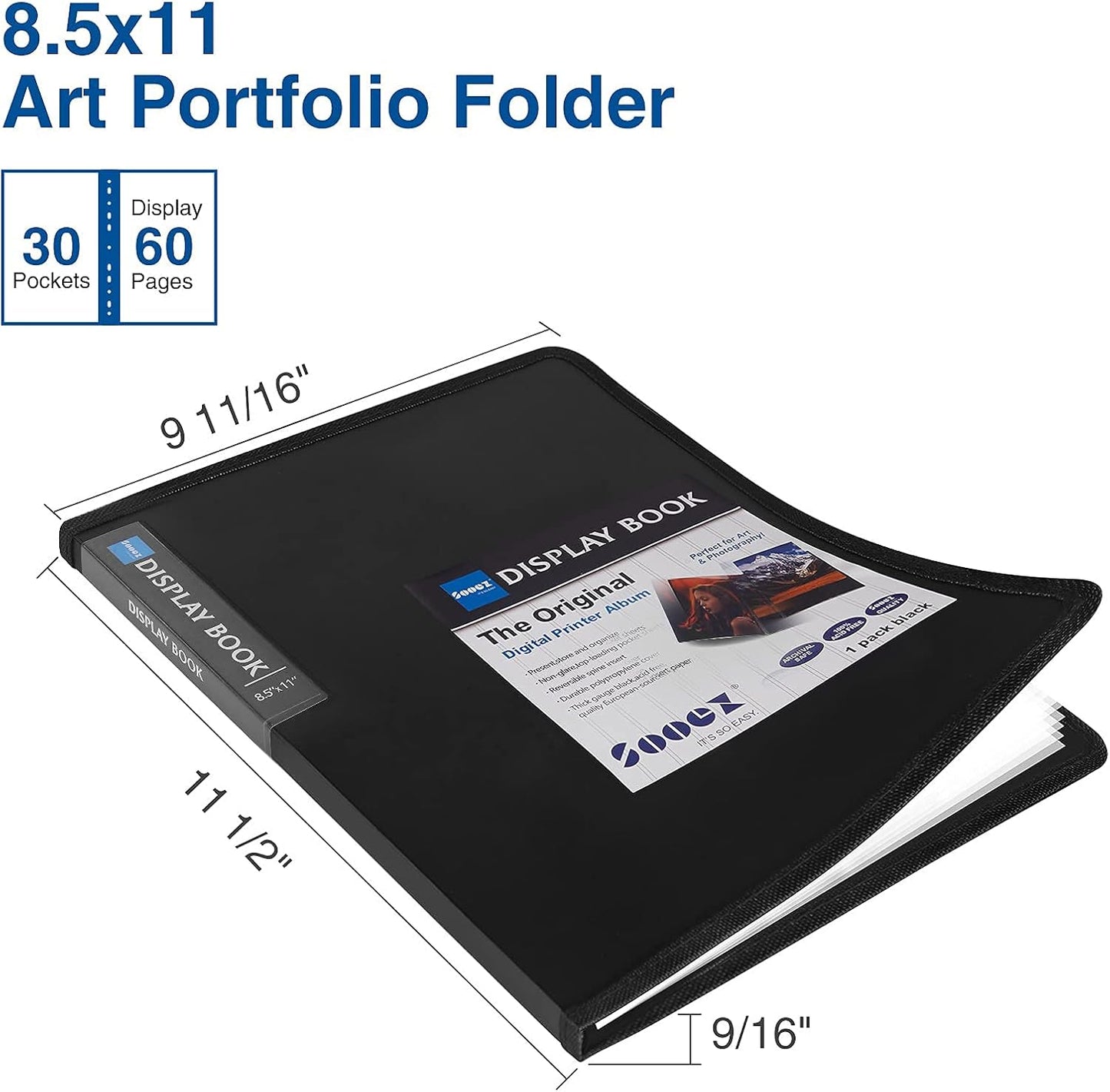 Sooez 30-Pocket Binder with Plastic Sleeves 8.5x11 (Black), Heavy Duty Art Portfolio Folder with Clear Sheet Protectors, Display 60 Pages, Presentation Book for Artwork, Document Organizer Binder