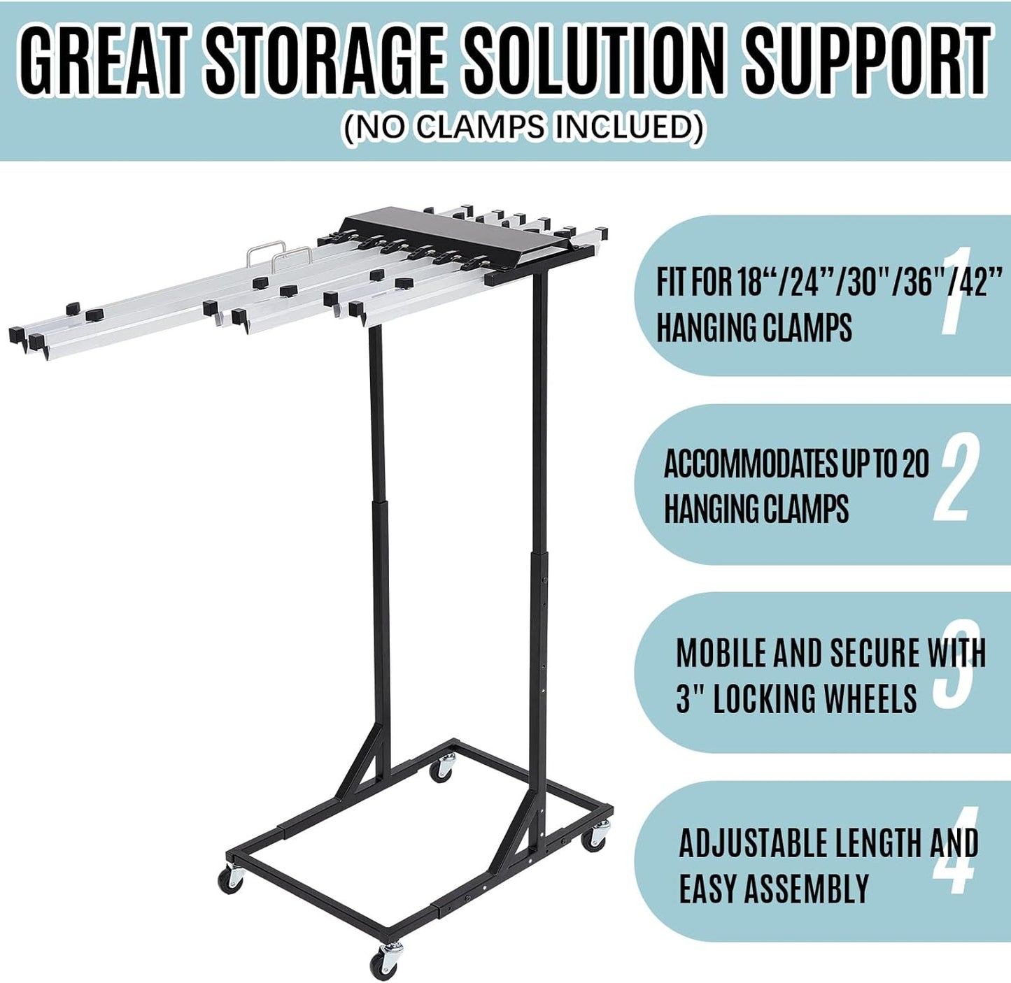 Estune Mobile Blueprint Storage Rack 18"- 42" Adjustable Mobile Blueprint Holder with 4 Wheels Fits 20 Clamps for File Display Plan Office Home ( Not Included Hanging Clamps)