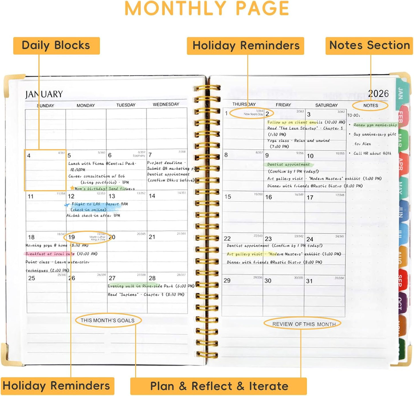 2026 Planner, A5 (6.3"x 8.5") Planner 2026 Jan-Dec, Monthly/Weekly/Daily Tabs with Contacts & Holidays, Hard Cover, Organizer for School and Business Supplies (Wheatear)