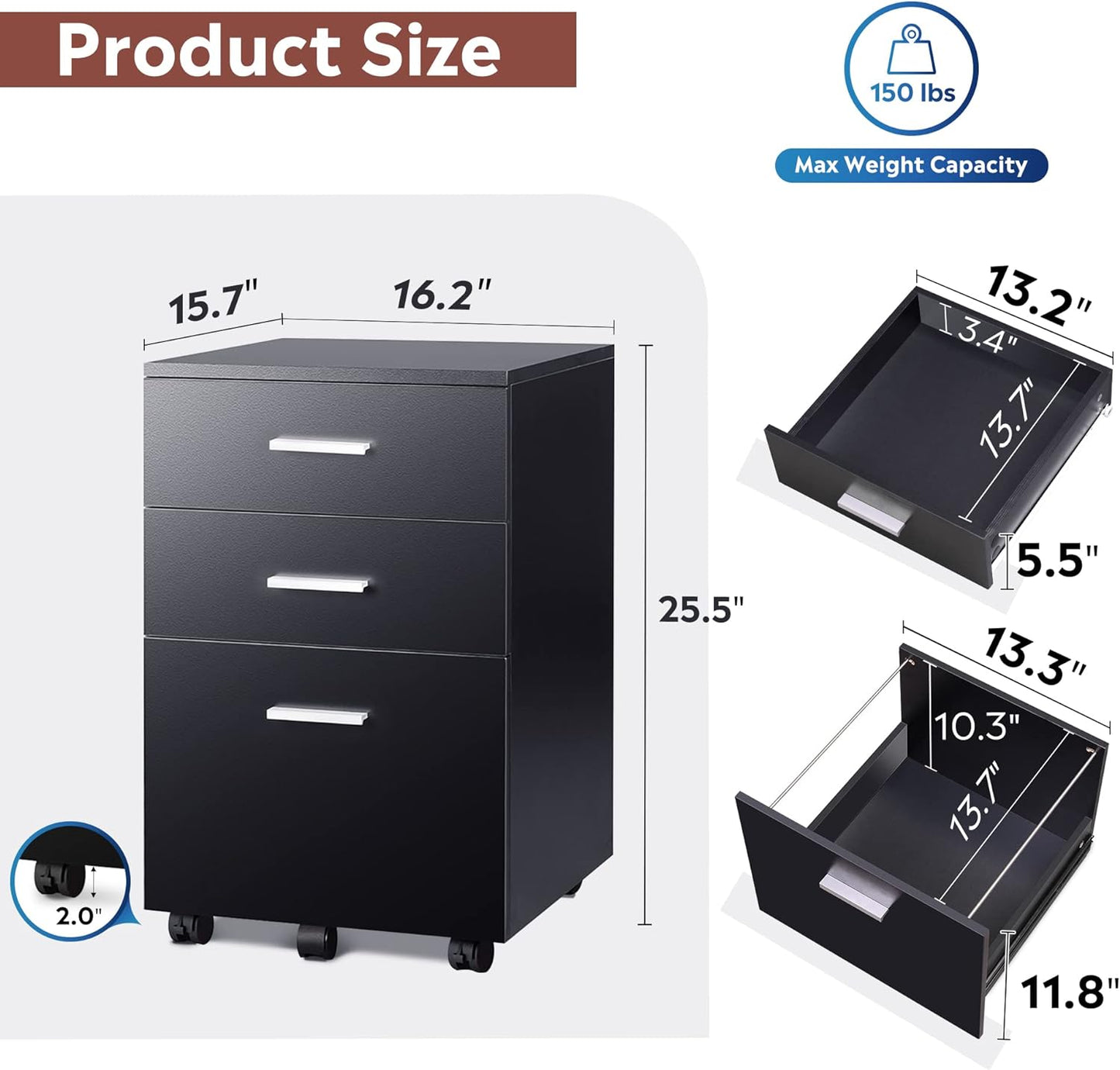 DEVAISE 3 Drawer Wood Mobile File Cabinet, Rolling Filing Cabinet for Letter/A4 Size, Printer Stand for Home Office, Black