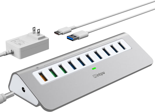 Powered USB Hub 10Gbps, 10 Port USB 3.1 Gen 2 Hub with 7 USB 3.1 Data Ports, 3 Fast Charging Ports, 36W Power Adapter, Type A and Type C Cable, Aluminum USB Data Hub for Mac, PC, Laptop