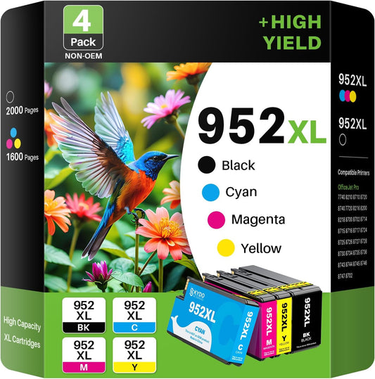 Compatible 952XL Ink Cartridges Combo Pack Replacement for 952 952XL 952 XL Ink Cartridges Color Use with Officejet Pro 8720 8702 8710 7740 7720 8725 8715 8210 8740 (4 Pack, BK/C/M/Y)