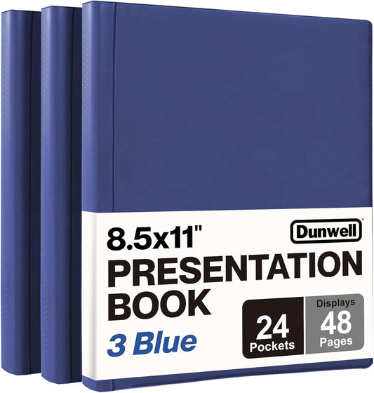 Dunwell Presentation Binder 24-Pocket, Displays 48 Pages, 8.5x11 Portfolio Binder with Plastic Sleeves, Storage and Organizer for Documents, Certificates, Projects, Photos (3 Pack, Blue)