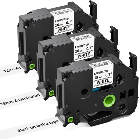 Label KINGDOM 18mm 0.7 Inch Laminated White Tape Replace for Brother Label Maker Tape TZe-241 Compatible with P Touch TZ TZe 3/4" Black on White TZE241 for PTD410 PT-D400 PT-D610BT PTD600, 3-Pack