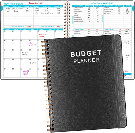 Budget Planner - 8" x 9.5" Monthly Budget Book with Expense Tracker Notebook, 2023-2024 Budgeting Book and Financial Planner to Control Your Money. Large Size, PU Leather, Black