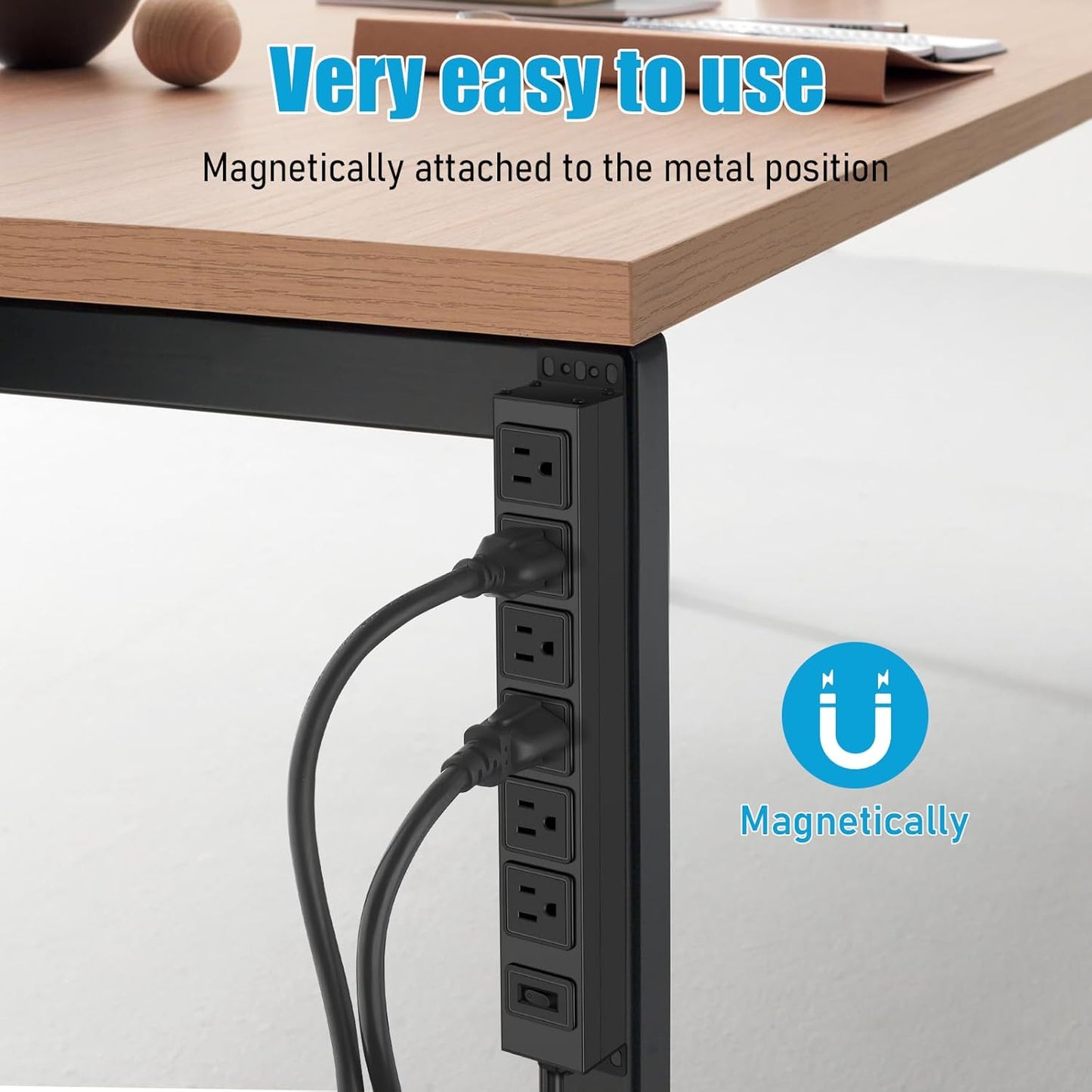 Magnetic Wall Mount Power Strip, Under Desk 6 Outlet Mountable Socket, Metal Long Heavy Duty Surge Protector for Garage, Gaming Table Or Workspace, 3FT Extension Cord.