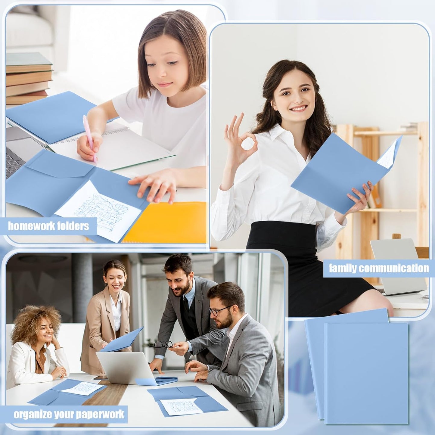 Gueevin 150 Pcs Plastic Folders with Pockets, Two Pocket Folder Fit 8.5 x 11 Inch Letter Size Paper, Heavy Duty School Folders Business Card Holder for Home Office School Bussiness (Haze Blue)