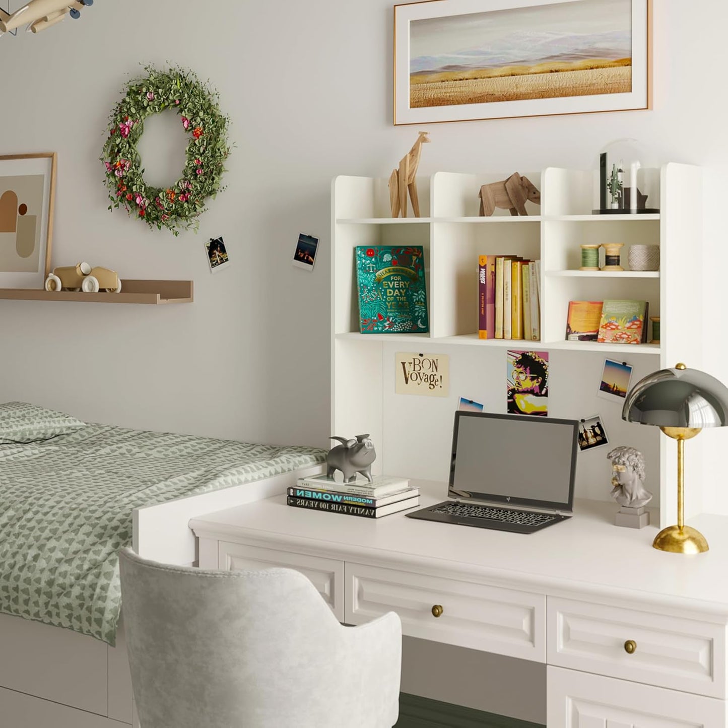 ChooChoo Desktop Bookshelf, Wood Desk Hutch Organizer with 7 Shelves for Computer Desk, Desktop Shelf Bookshelf Storage for College Dorm Office Home, White