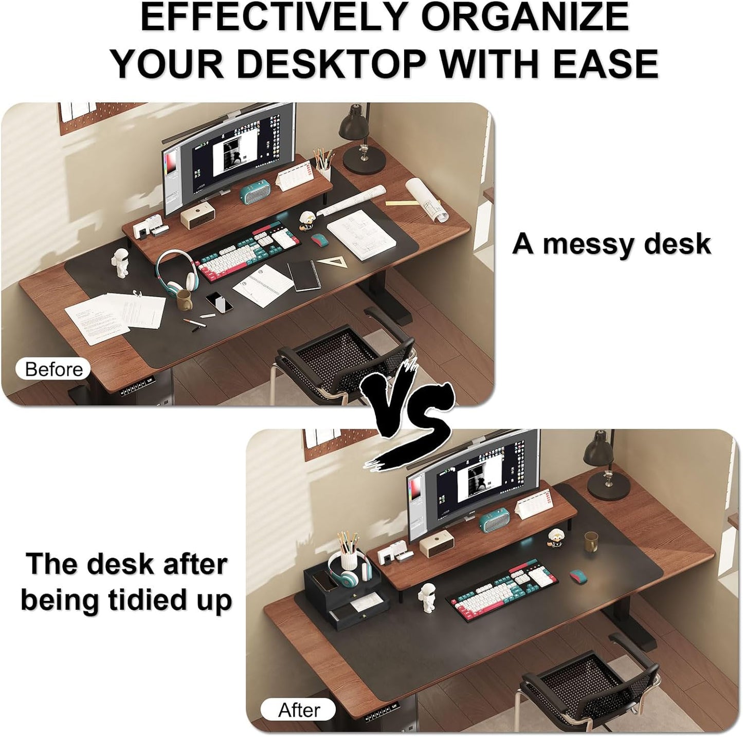 Bamboo Desk Organizer with Drawers Wooden Desktop Storage Organization Box for Bills Office Supplies Kitchen Utensils Organizing Tool for Home Classroom Vanity, No Assembly Required (2 Drawers, Black)