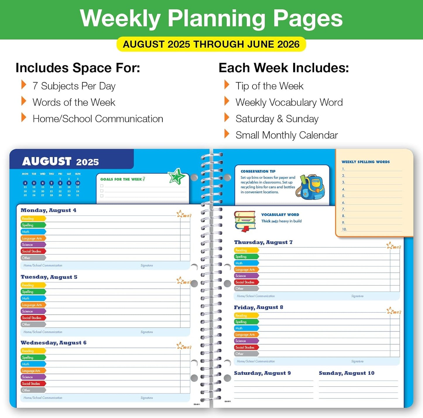 Global Datebooks 2025-2026 Elementary Student Planner 8.5x11 - Dated Weekly & Monthly Academic Planner (Large) with Ruler/Bookmark & Stickers, Ideal for Homework, Block Style, Space Happy Planets