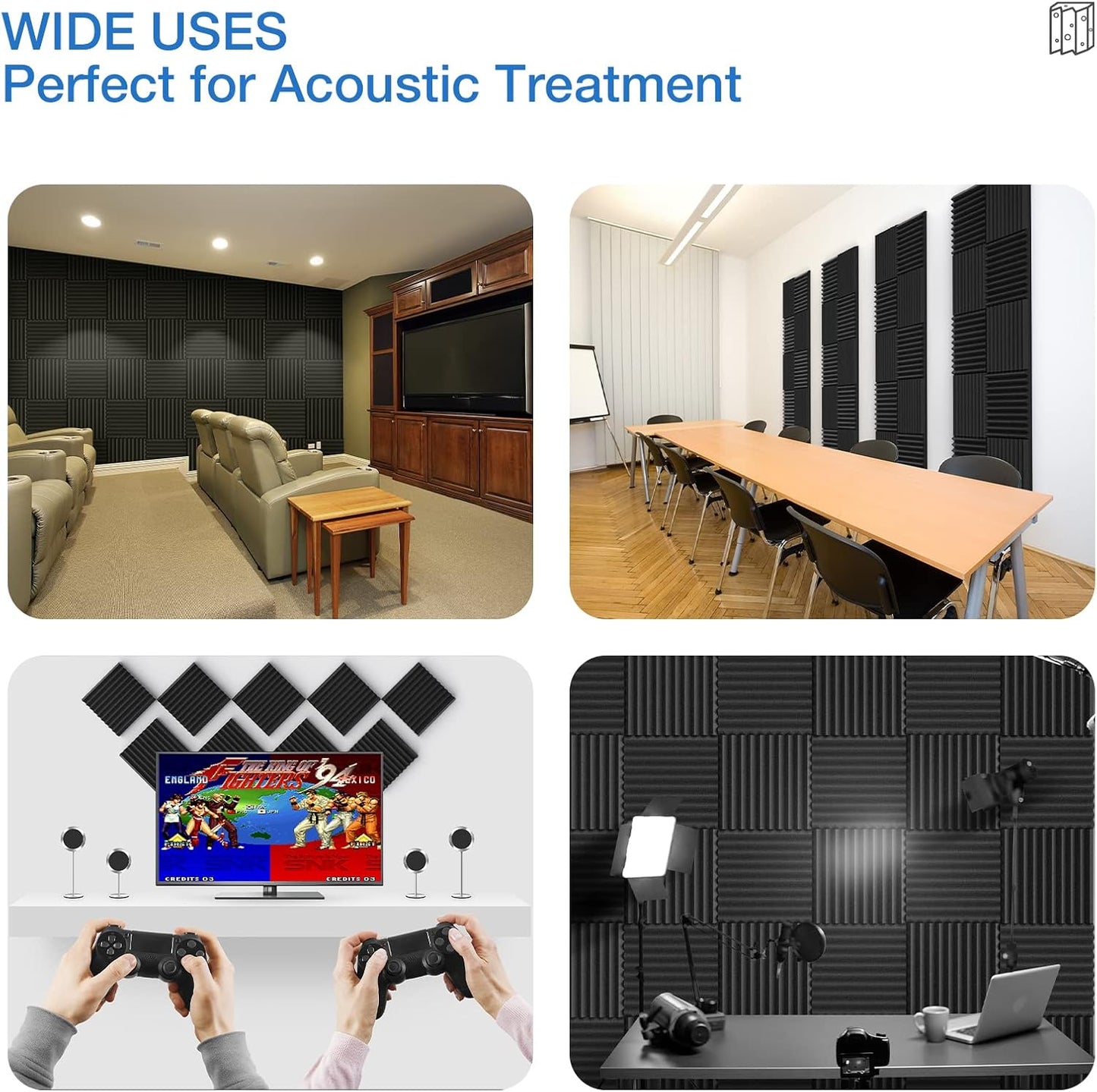 48 Pack Sound Proof Foam Panels for Walls,2" X 12" X 12"Self-Adhesive Foam Acoustic Panels Sound Absorbing,High Density Quick-Recovery Soundproof Wall Panels -Black