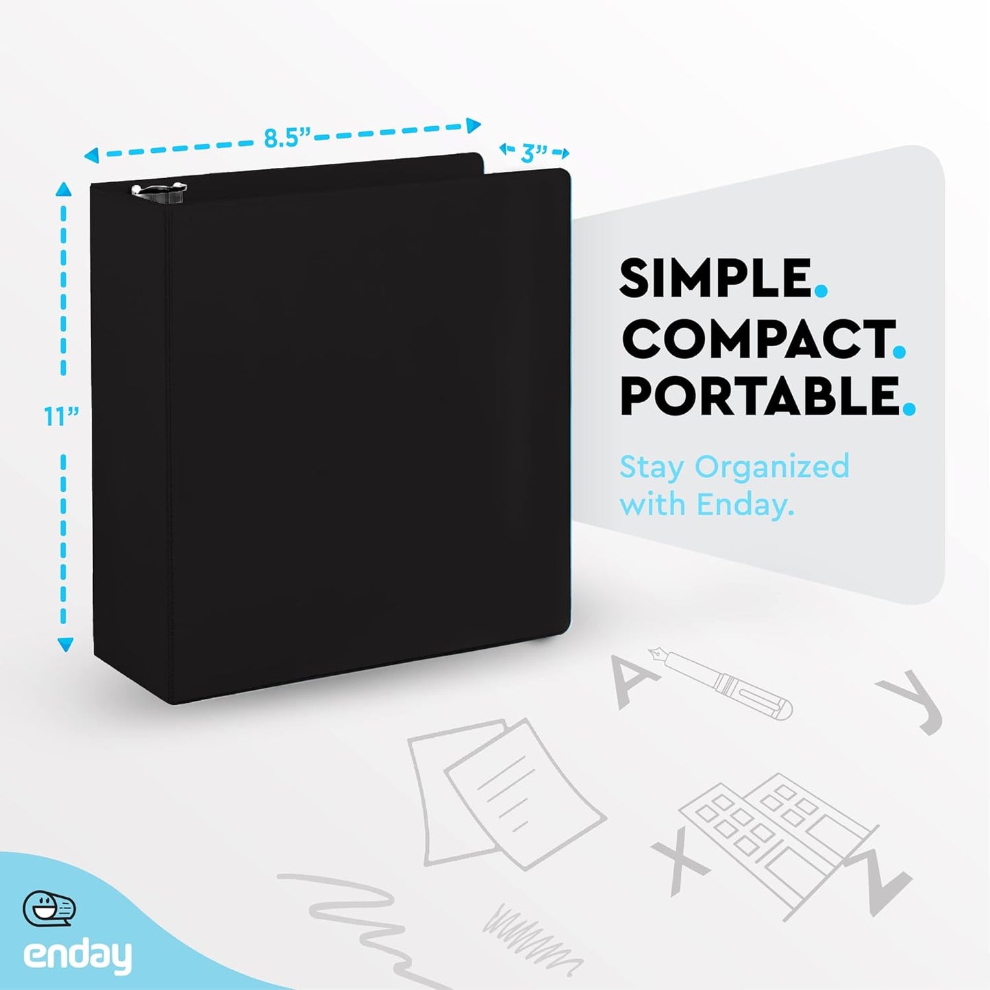 3 Inch Binder 3 Ring Binders Black, Slant D-Ring 3” Clear View Cover with 2 Inside Pockets, Heavy Duty Colored School Supplies Office and Home Binders, 6 Pack – by Enday