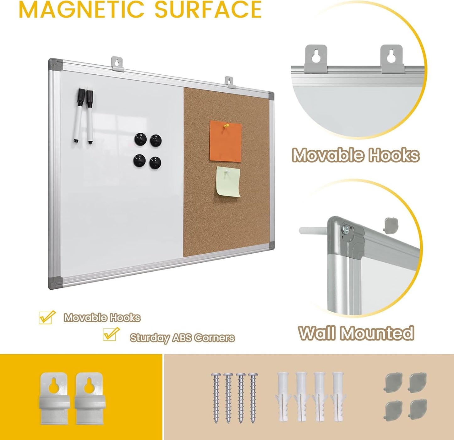 Combination Writeboard 36"x 24" Magnetic Whiteboard & Cork Board Aluminium Frame Dry Erase Board Bulletin Board Wall Mounted Memo Message