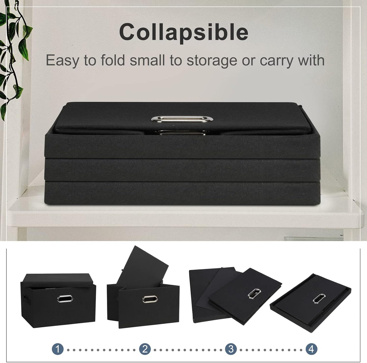 Medium 15" 21 Quart Collapsible Stackable Storage Bins with Lids, 3 Packs Black Foldable Fabric Closet Boxes Heavy-duty Lidded Linen Cube Basket Container Organizer and Storage for Bedroom